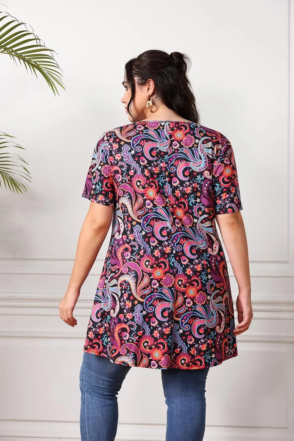 Women's Plus Size Tunic Top Short Sleeve Casual Summer Blouse Flowy Swing Flare Tops Loose Fit Shirt XL-6XL