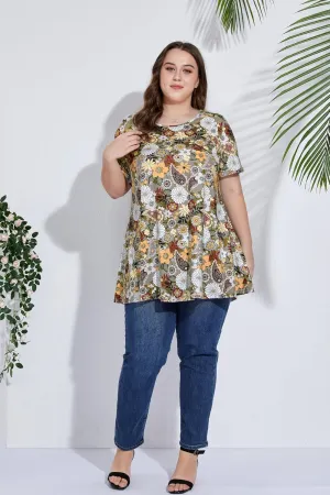 Women's Plus Size Tunic Top Short Sleeve Casual Summer Blouse Flowy Swing Flare Tops Loose Fit Shirt XL-6XL