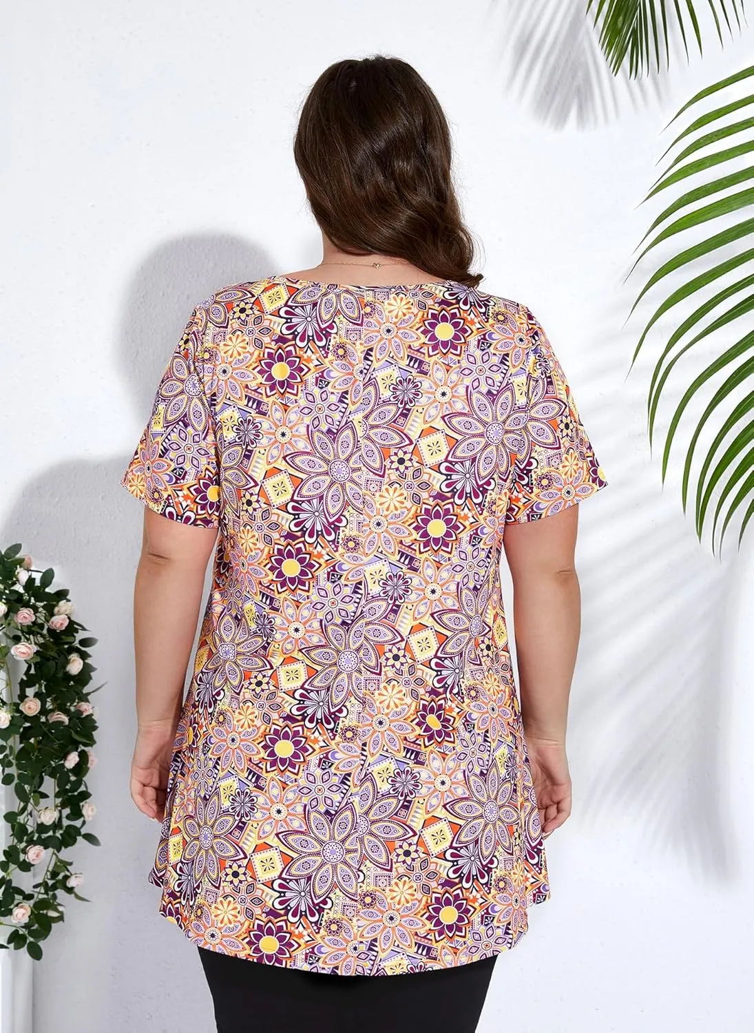 Women's Plus Size Tunic Top Short Sleeve Casual Summer Blouse Flowy Swing Flare Tops Loose Fit Shirt XL-6XL