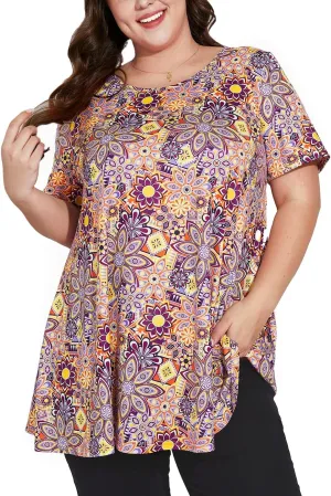 Women's Plus Size Tunic Top Short Sleeve Casual Summer Blouse Flowy Swing Flare Tops Loose Fit Shirt XL-6XL
