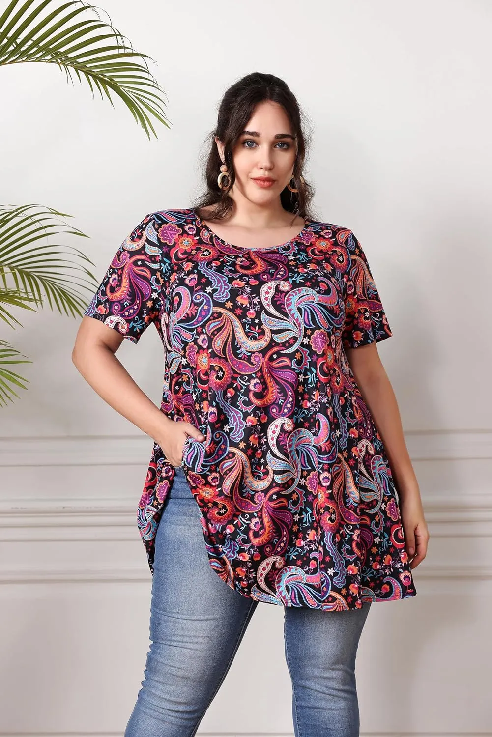 Women's Plus Size Tunic Top Short Sleeve Casual Summer Blouse Flowy Swing Flare Tops Loose Fit Shirt XL-6XL