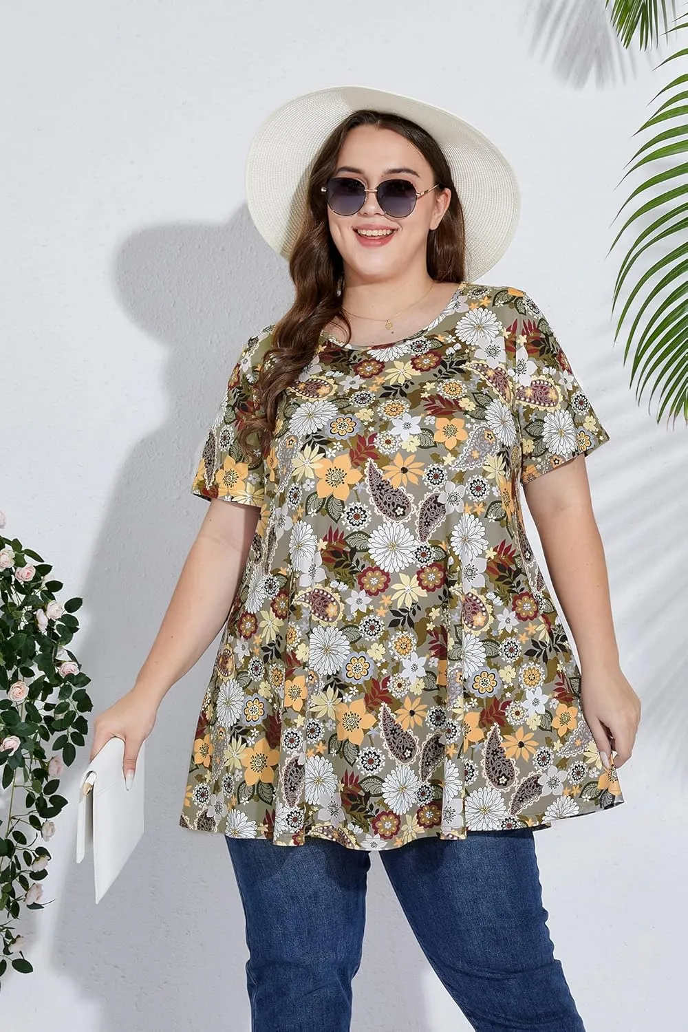 Women's Plus Size Tunic Top Short Sleeve Casual Summer Blouse Flowy Swing Flare Tops Loose Fit Shirt XL-6XL