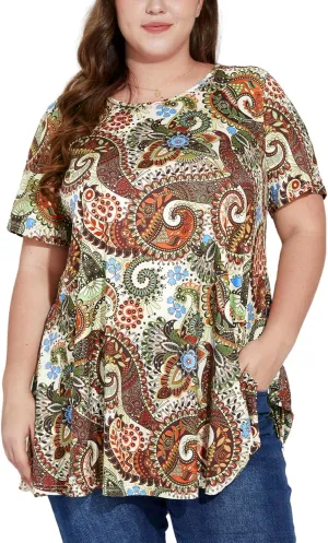 Women's Plus Size Tunic Top Short Sleeve Casual Summer Blouse Flowy Swing Flare Tops Loose Fit Shirt XL-6XL