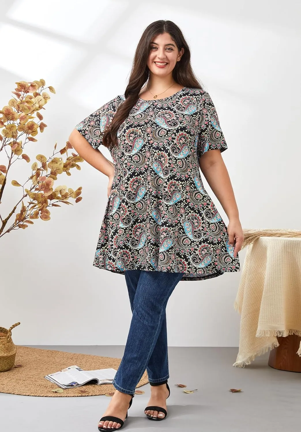 Women's Plus Size Tunic Top Short Sleeve Casual Summer Blouse Flowy Swing Flare Tops Loose Fit Shirt XL-6XL