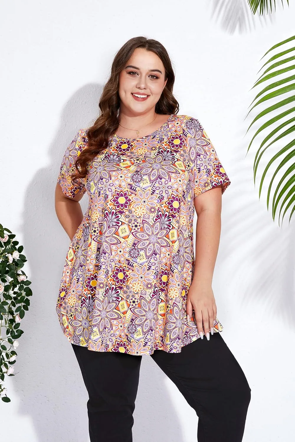 Women's Plus Size Tunic Top Short Sleeve Casual Summer Blouse Flowy Swing Flare Tops Loose Fit Shirt XL-6XL