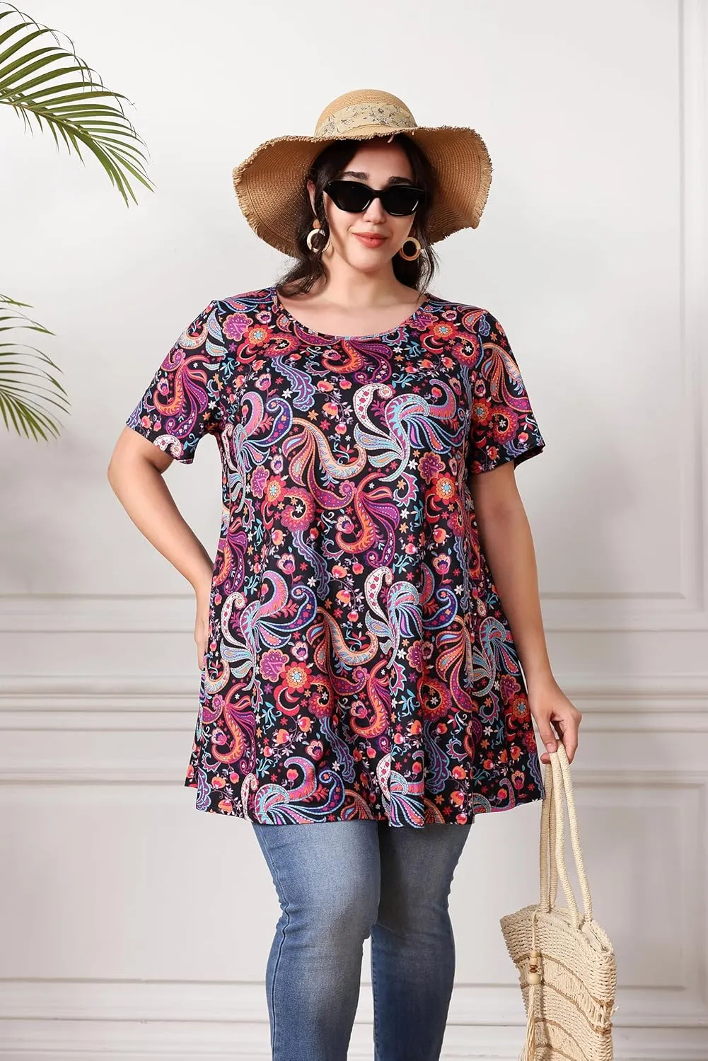 Women's Plus Size Tunic Top Short Sleeve Casual Summer Blouse Flowy Swing Flare Tops Loose Fit Shirt XL-6XL
