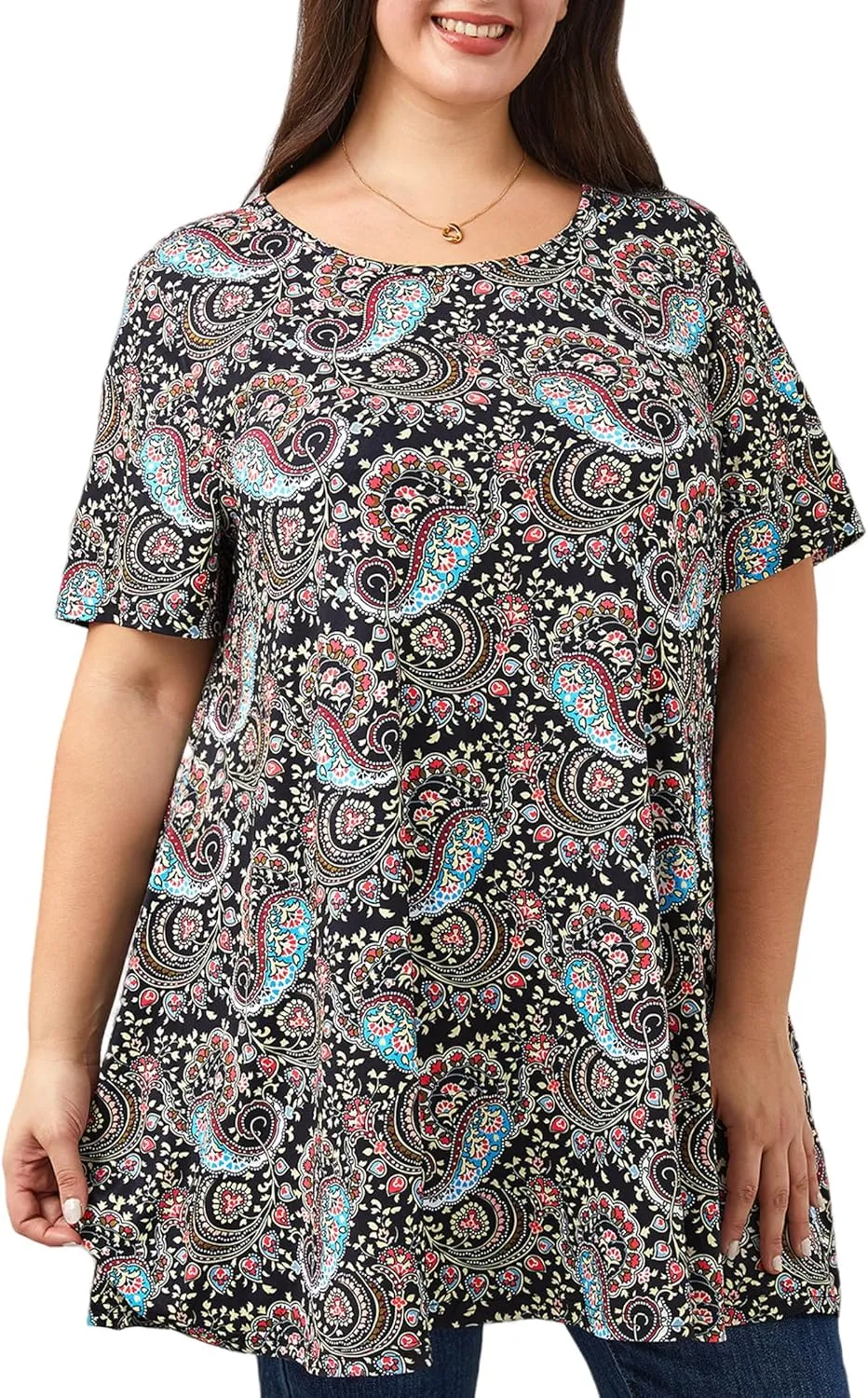 Women's Plus Size Tunic Top Short Sleeve Casual Summer Blouse Flowy Swing Flare Tops Loose Fit Shirt XL-6XL
