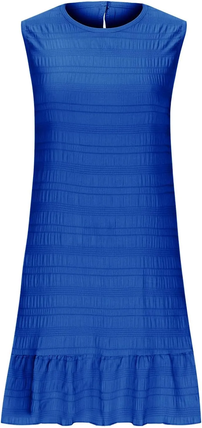 Women's Ruffle Hem Sleeveless Tank Dress Round Neck Casual Smock Summer Mini Dresses 2025 Casual Loose Sundress