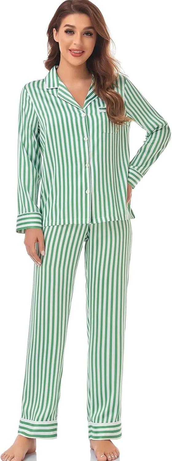 Women's Satin Pajama Set Long Sleeve Button Down Sleepwear 2-Piece Striped Silky Pj Set