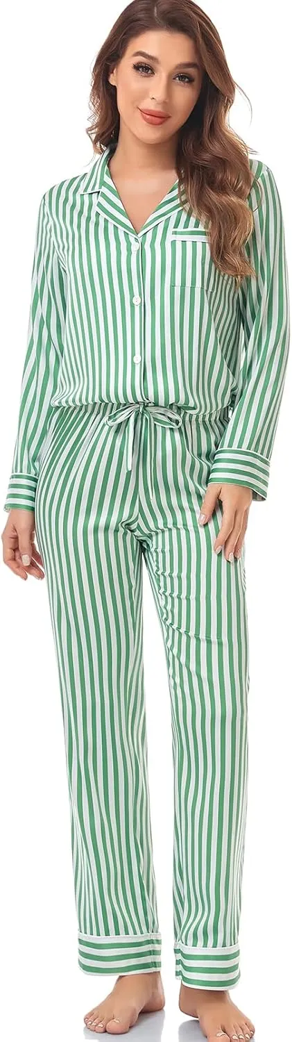 Women's Satin Pajama Set Long Sleeve Button Down Sleepwear 2-Piece Striped Silky Pj Set