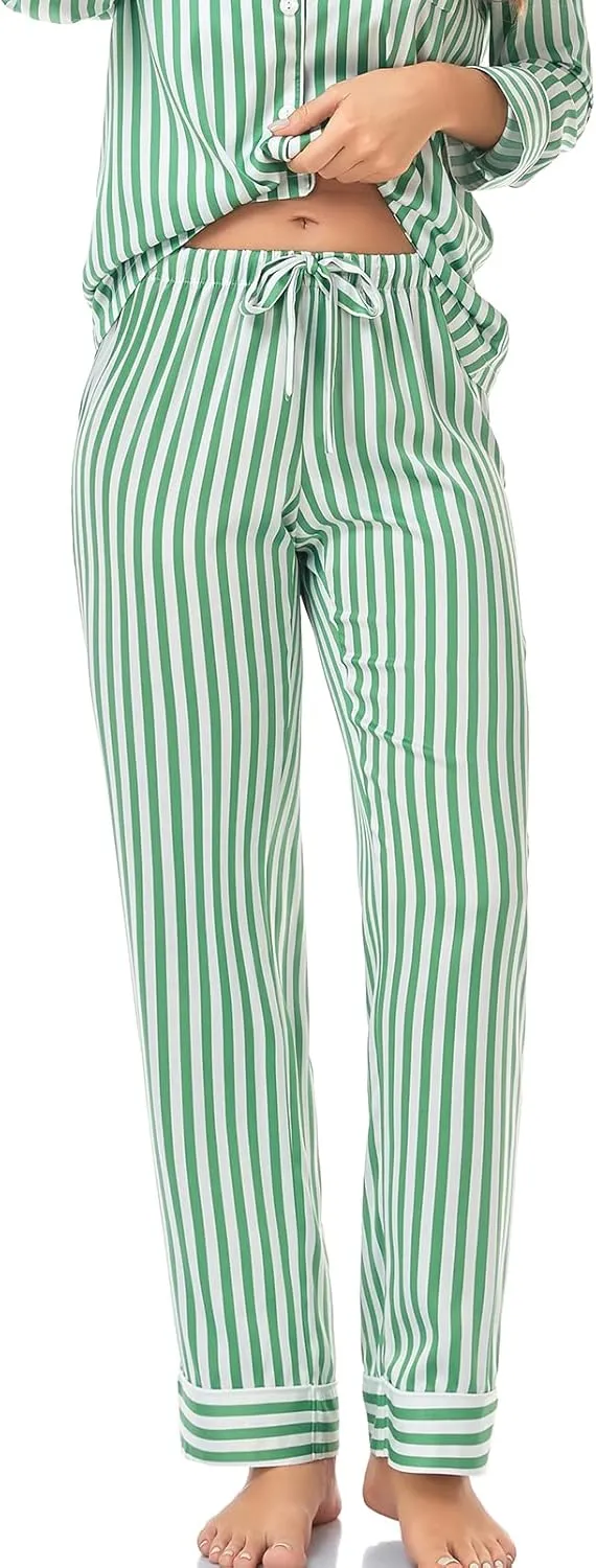 Women's Satin Pajama Set Long Sleeve Button Down Sleepwear 2-Piece Striped Silky Pj Set