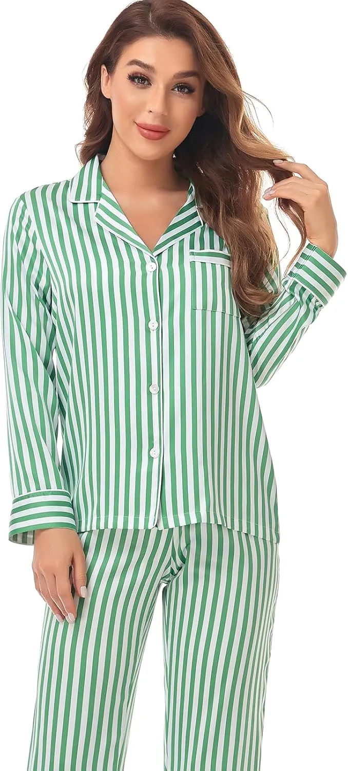 Women's Satin Pajama Set Long Sleeve Button Down Sleepwear 2-Piece Striped Silky Pj Set