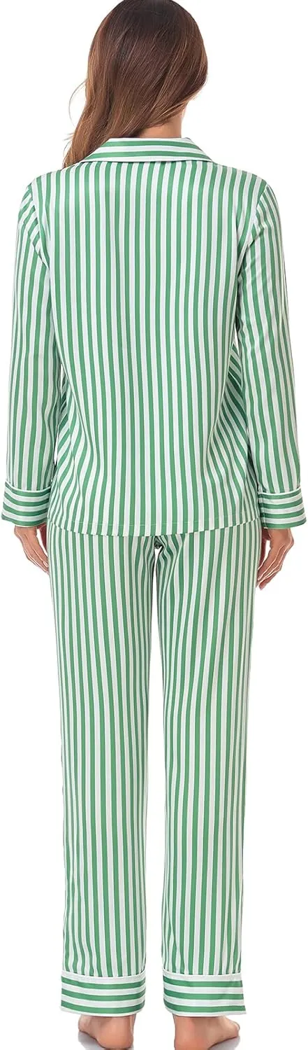 Women's Satin Pajama Set Long Sleeve Button Down Sleepwear 2-Piece Striped Silky Pj Set