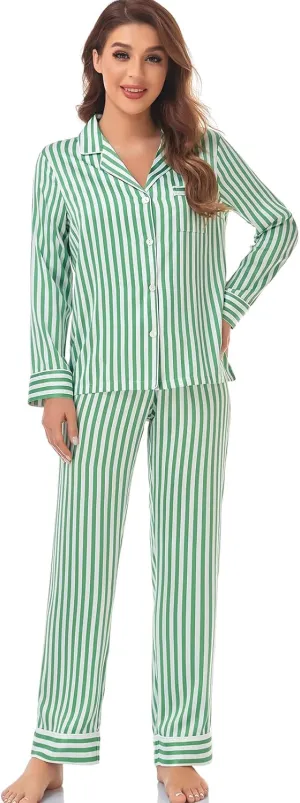 Women's Satin Pajama Set Long Sleeve Button Down Sleepwear 2-Piece Striped Silky Pj Set