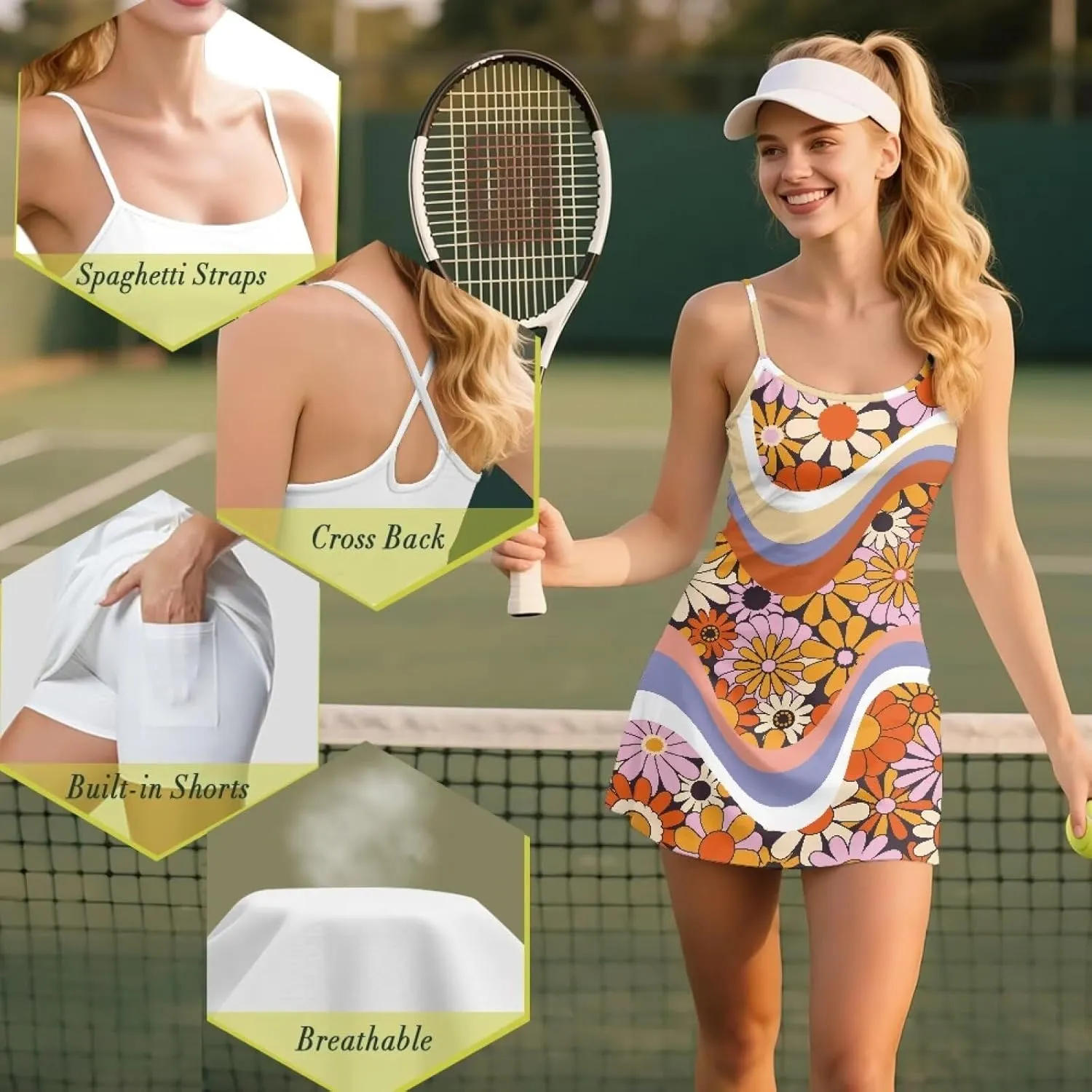 Women's Tennis Dress with Built-in Shorts Workout Backless Golf Activewear Exercise Dresses with Pockets