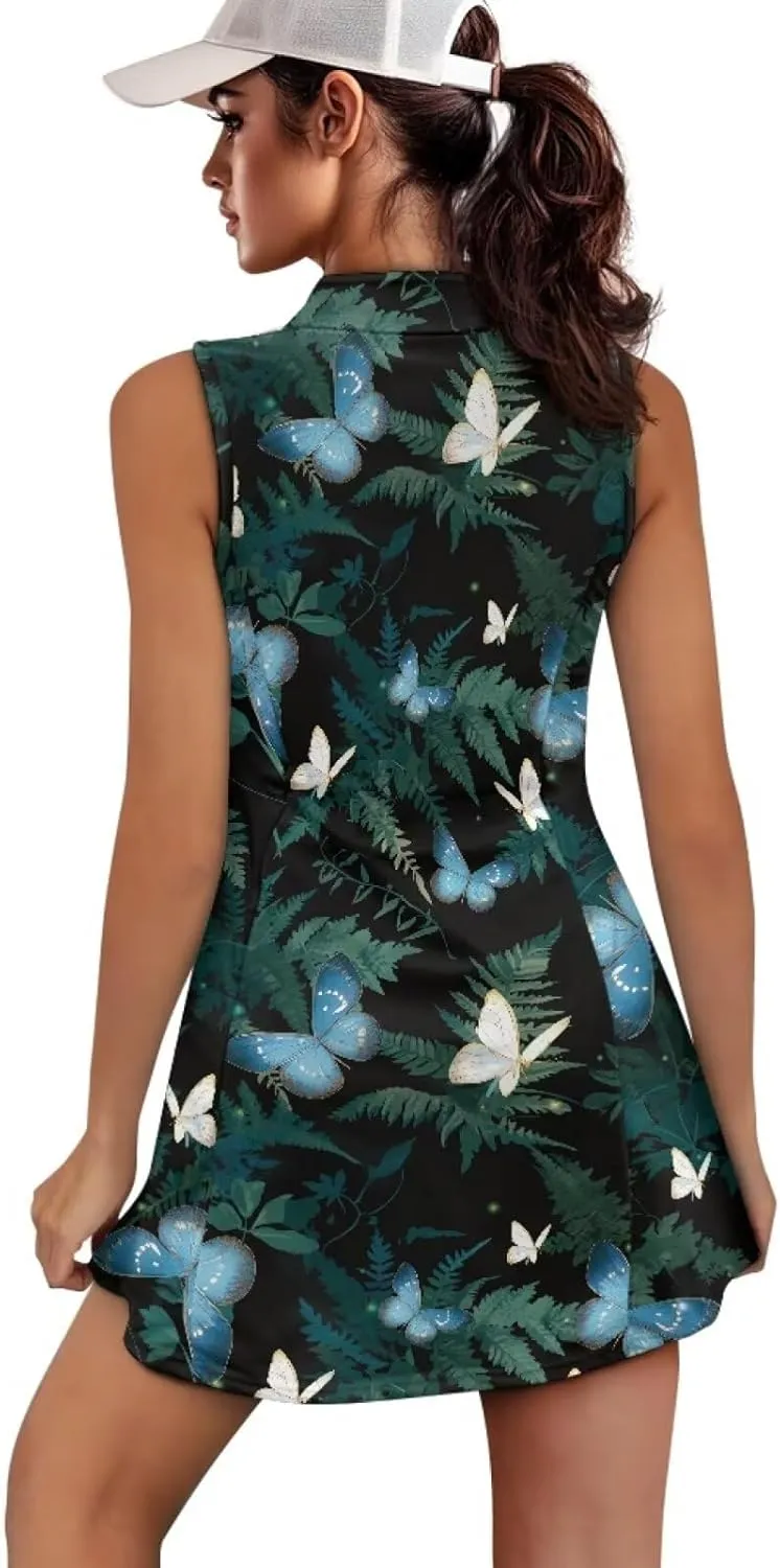 Women's Tennis Golf Dress with Built in Shorts and Pockets Activewear Workout Zipper Dress Sleeveless Gym Dress
