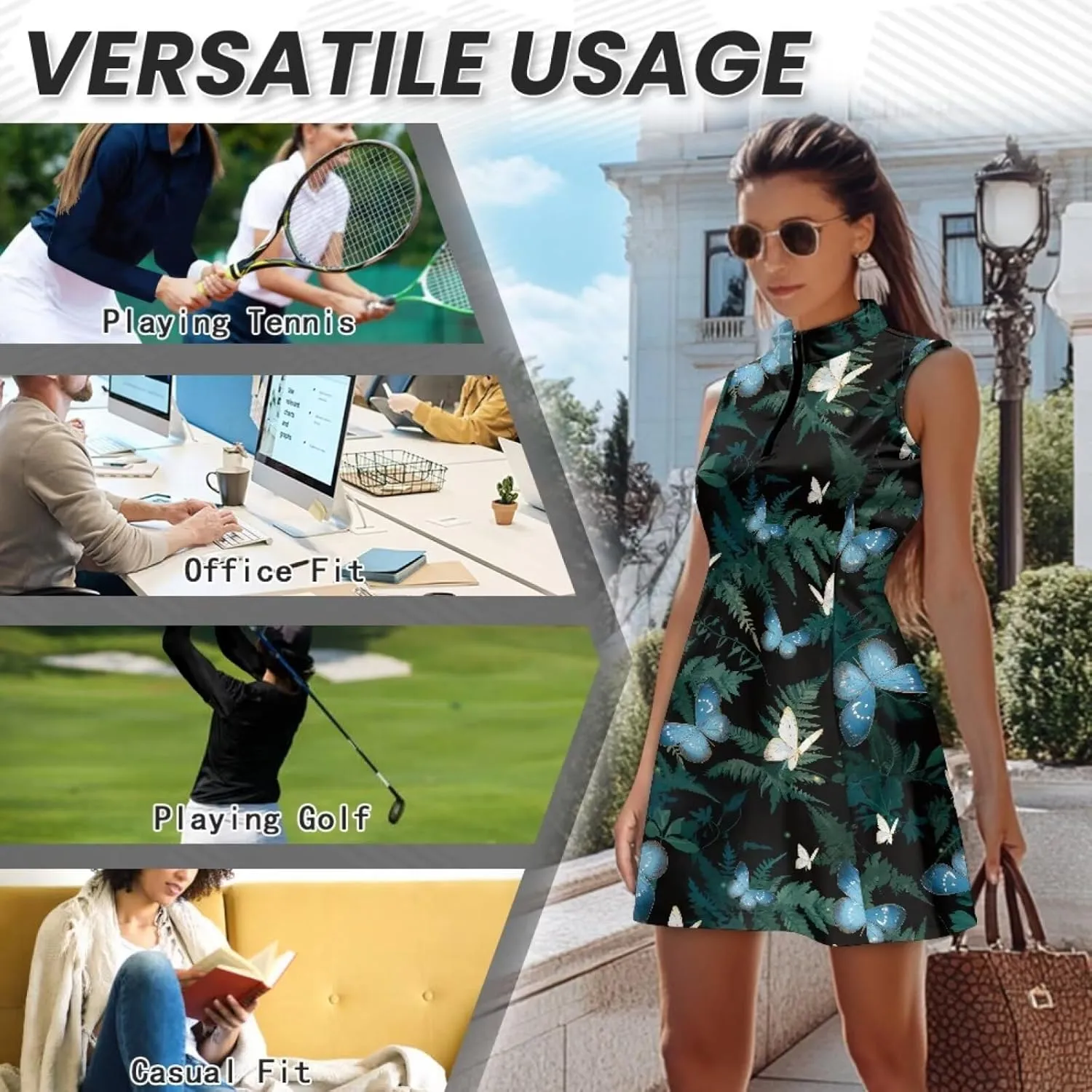 Women's Tennis Golf Dress with Built in Shorts and Pockets Activewear Workout Zipper Dress Sleeveless Gym Dress