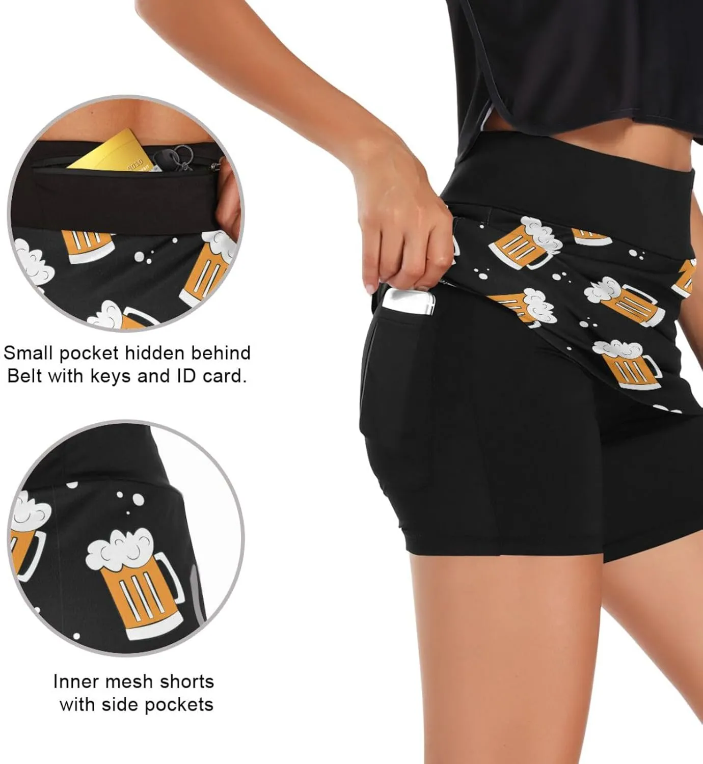 Womens Tennis Skirt Beer Mugs on Black Athletic Golf Skorts Skirts Running Sports Workout Activewear S