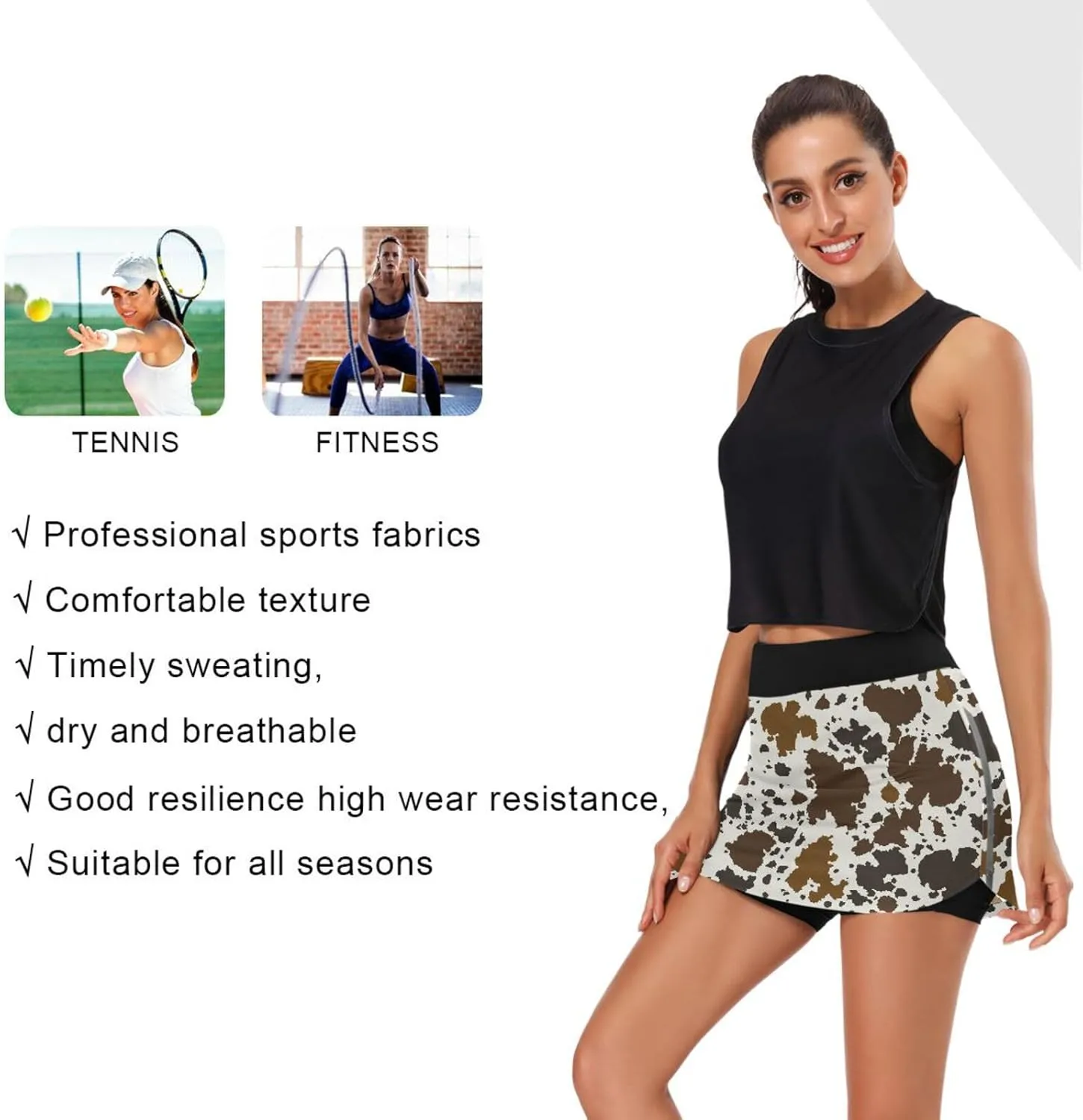 Womens Tennis Skirt Brown Cow Print Athletic Golf Skorts Skirts Running Sports Workout Activewear S