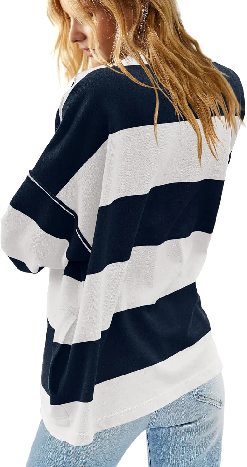 Yanekop Womens Oversized Striped Shirt Half Zip Sweatshirt Color Block V Neck Top Casual Loose Pullover Y2k