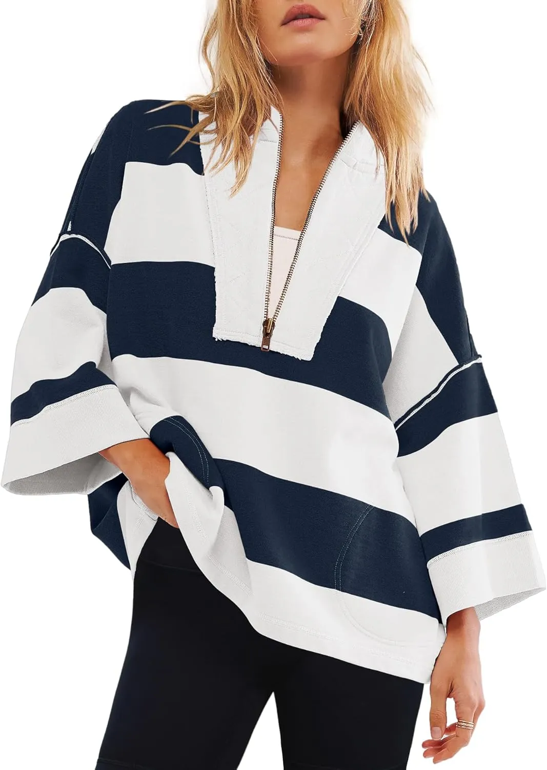 Yanekop Womens Oversized Striped Shirt Half Zip Sweatshirt Color Block V Neck Top Casual Loose Pullover Y2k