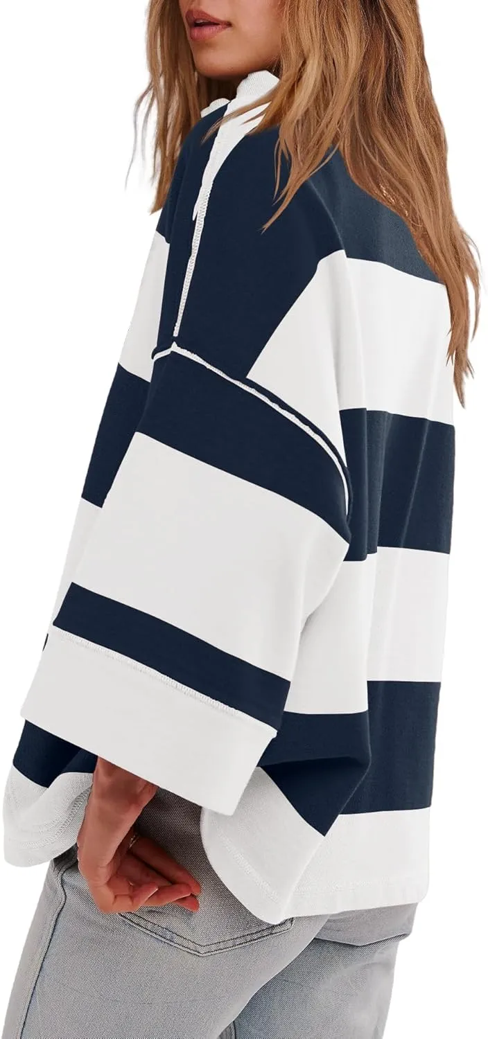 Yanekop Womens Oversized Striped Shirt Half Zip Sweatshirt Color Block V Neck Top Casual Loose Pullover Y2k
