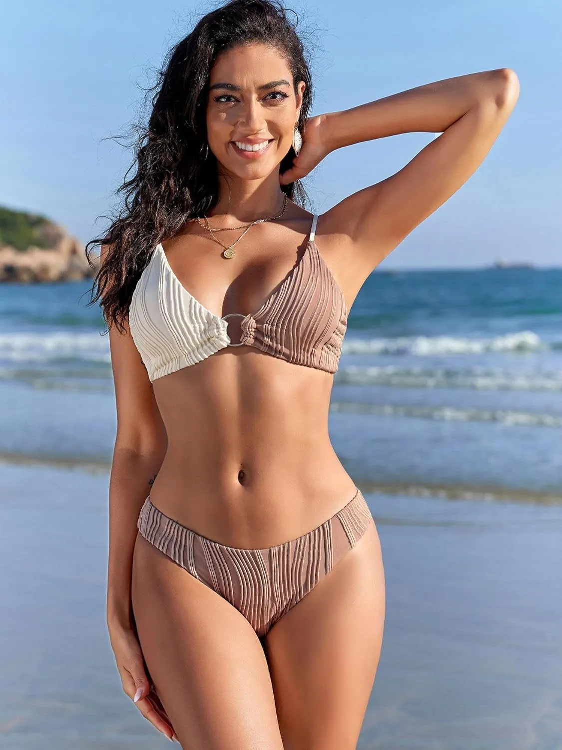 ZAFUL Women's Ribbed O-Ring String Bikini Swimsuit Cheeky Thong Swimwear Two Pieces Bathing Suit