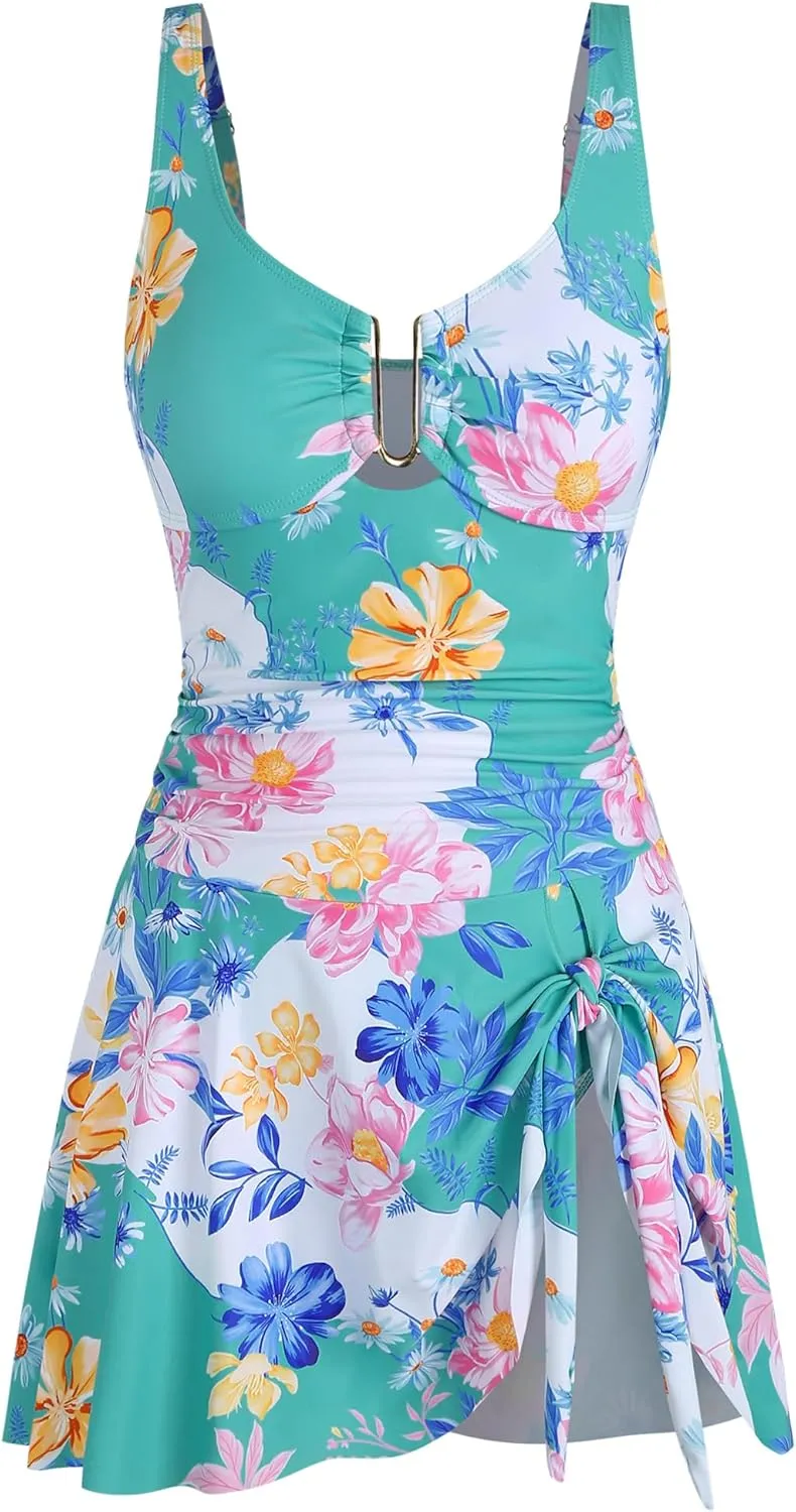 ZAFUL Women's U Wire Ring Swim Dress Swimsuit Tummy Control Swimdress One Piece Bathing Suit Skirt Swimwear