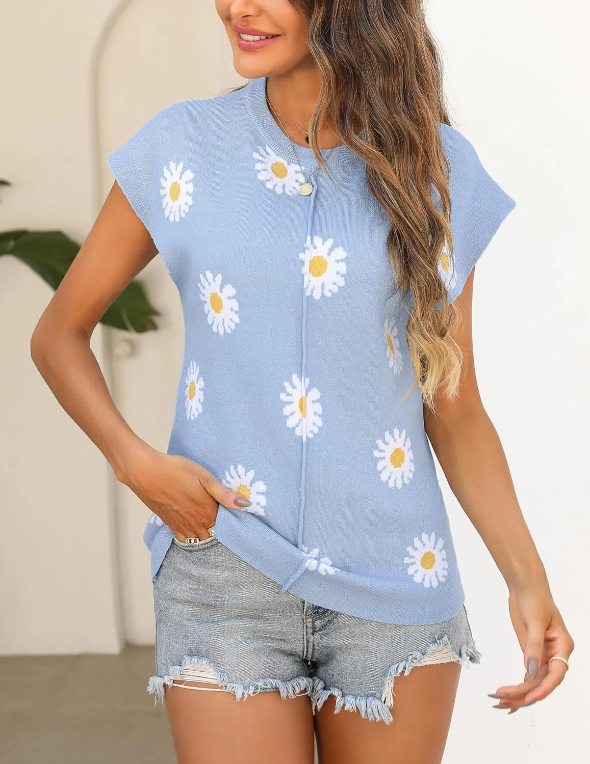 Zeagoo Women's Cap Sleeve Sweater Vest Crew Neck Sleeveless Casual Knit Tops 2024 Summer Clothes S-XXL
