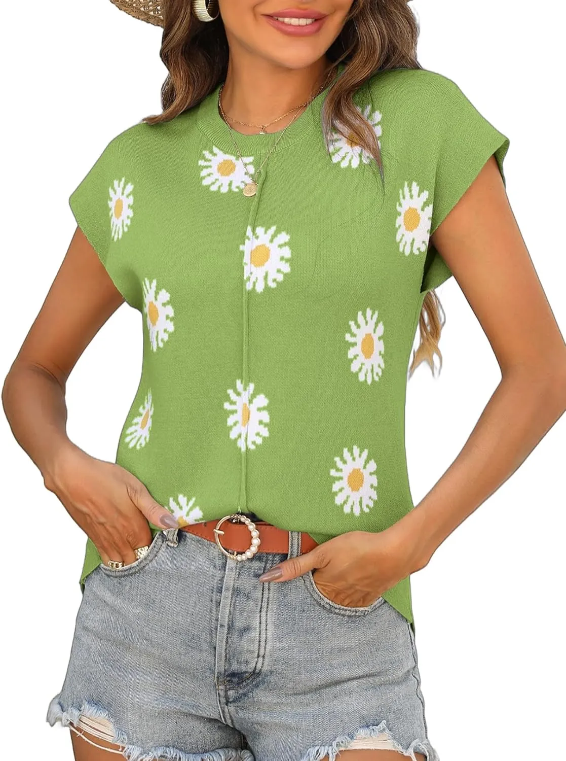 Zeagoo Women's Cap Sleeve Sweater Vest Crew Neck Sleeveless Casual Knit Tops 2024 Summer Clothes S-XXL