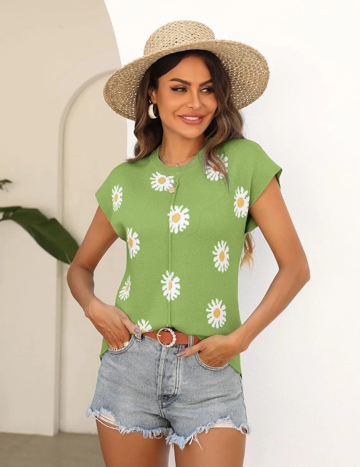 Zeagoo Women's Cap Sleeve Sweater Vest Crew Neck Sleeveless Casual Knit Tops 2024 Summer Clothes S-XXL
